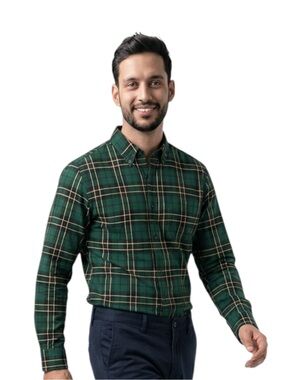 Place Green Plaid Button Down Shirt Adult Medium 100% Cotton Long Sleeve